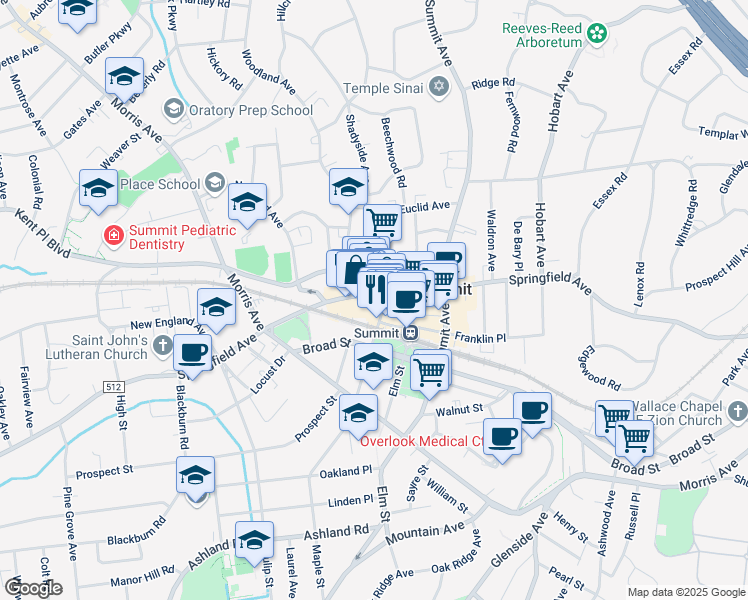 map of restaurants, bars, coffee shops, grocery stores, and more near 410 Springfield Avenue in Summit
