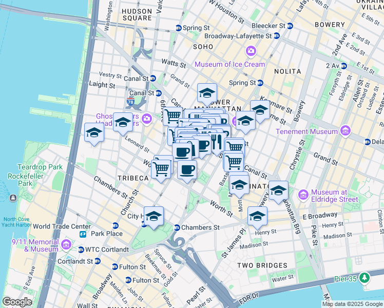map of restaurants, bars, coffee shops, grocery stores, and more near 381 Broadway in New York