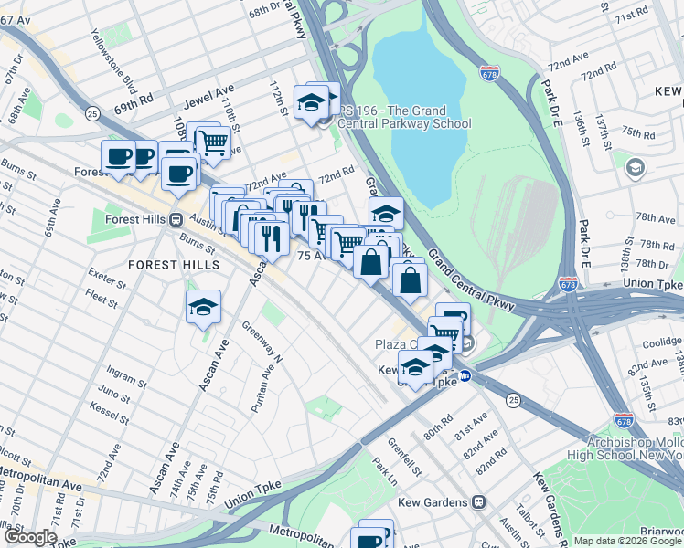 map of restaurants, bars, coffee shops, grocery stores, and more near 11204 New York 25 Service in Queens