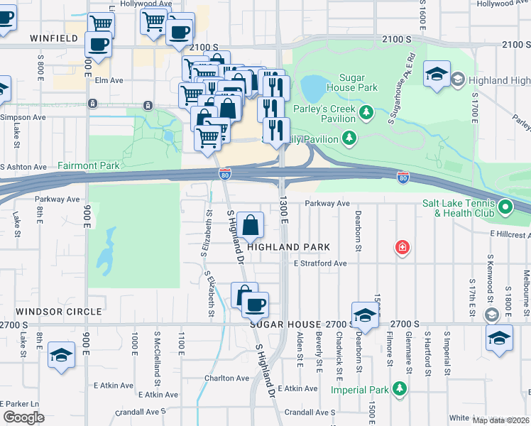 map of restaurants, bars, coffee shops, grocery stores, and more near 2477 Douglas Street in Salt Lake City