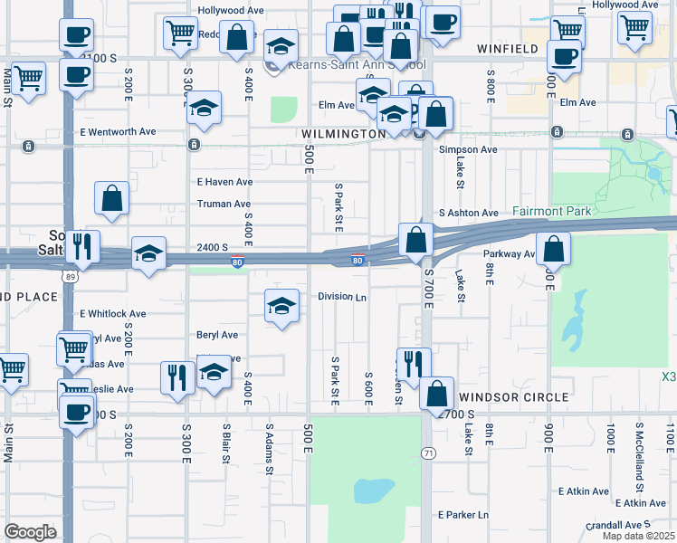 map of restaurants, bars, coffee shops, grocery stores, and more near 539 Warnock Avenue South in Salt Lake City