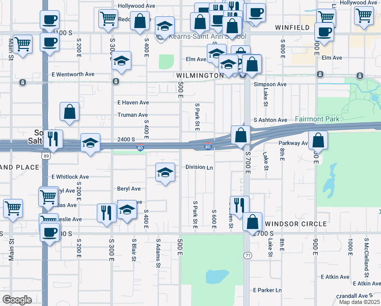 map of restaurants, bars, coffee shops, grocery stores, and more near 529 Warnock Avenue South in Salt Lake City