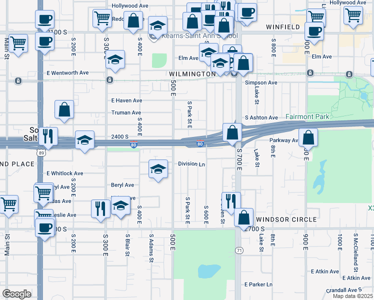 map of restaurants, bars, coffee shops, grocery stores, and more near 539 Warnock Avenue South in Salt Lake City