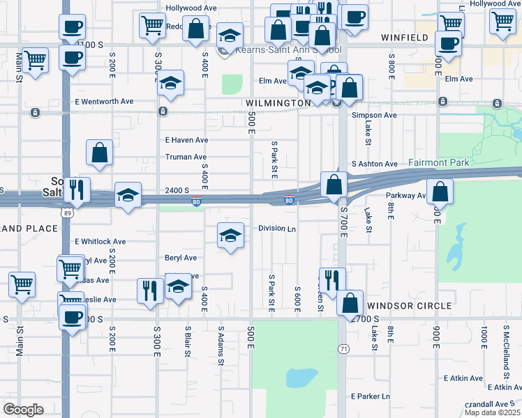 map of restaurants, bars, coffee shops, grocery stores, and more near 519 Warnock Avenue South in Salt Lake City