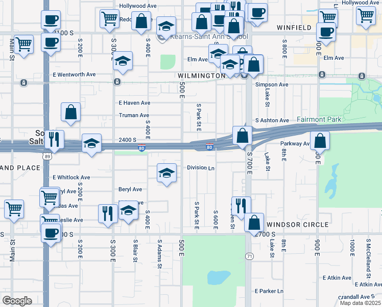 map of restaurants, bars, coffee shops, grocery stores, and more near 519 Warnock Avenue South in Salt Lake City