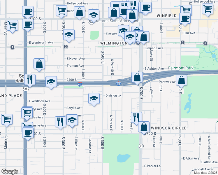 map of restaurants, bars, coffee shops, grocery stores, and more near 529 Warnock Avenue South in Salt Lake City