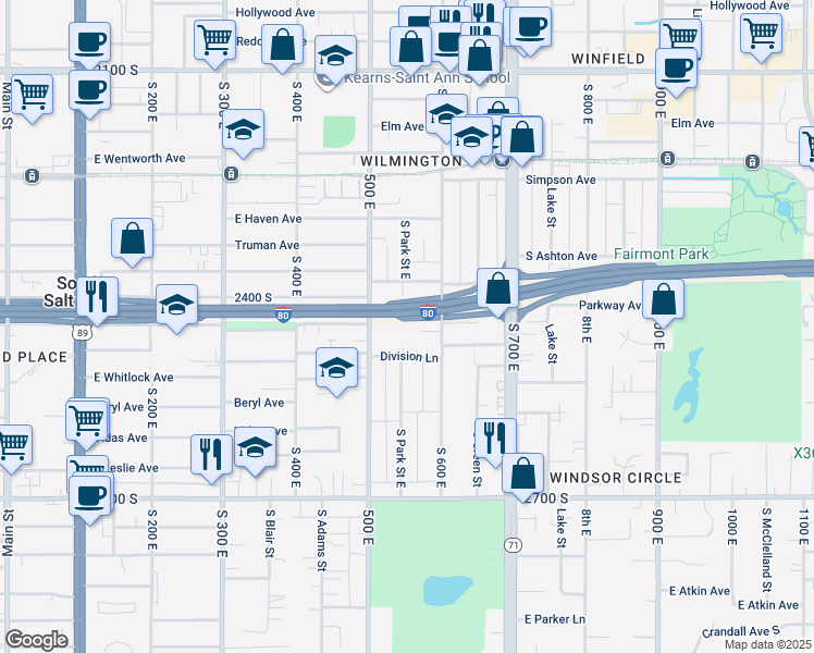 map of restaurants, bars, coffee shops, grocery stores, and more near 539 Warnock Avenue South in Salt Lake City
