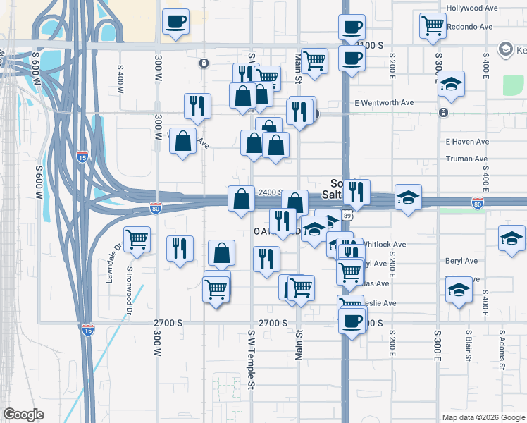 map of restaurants, bars, coffee shops, grocery stores, and more near 79 West Robert Avenue in South Salt Lake