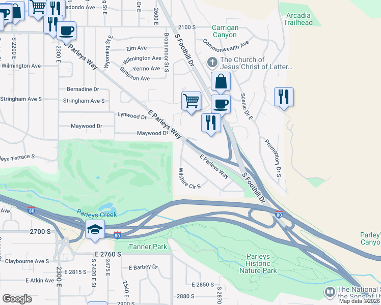 map of restaurants, bars, coffee shops, grocery stores, and more near 2714 East Parleys Way in Salt Lake City