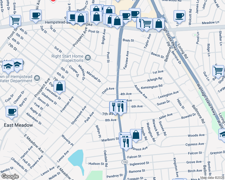 map of restaurants, bars, coffee shops, grocery stores, and more near 2469 4th Avenue in East Meadow