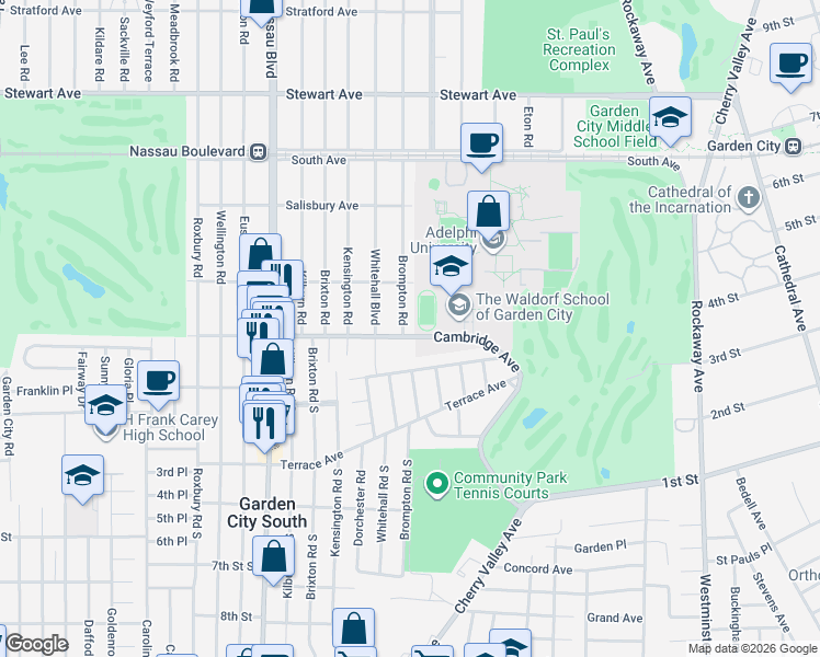 map of restaurants, bars, coffee shops, grocery stores, and more near 146 Cambridge Avenue in Garden City