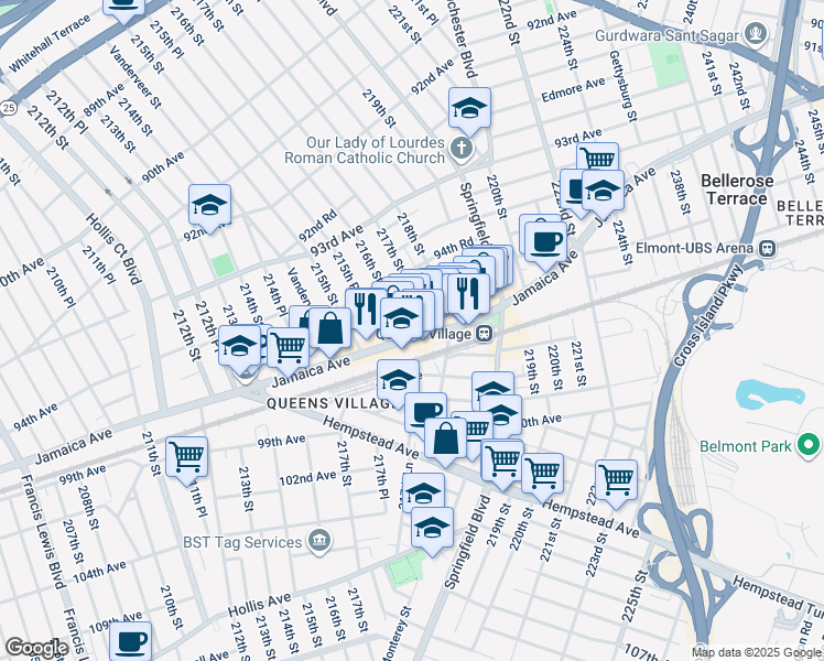 map of restaurants, bars, coffee shops, grocery stores, and more near 216-6 Jamaica Avenue in Queens
