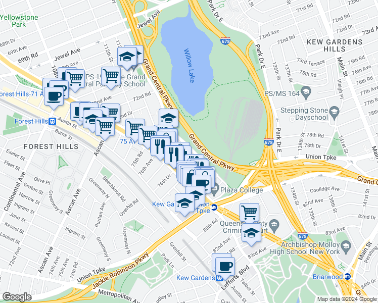 map of restaurants, bars, coffee shops, grocery stores, and more near 76-30 Grand Central Parkway in Queens