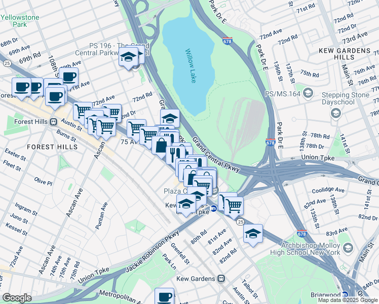 map of restaurants, bars, coffee shops, grocery stores, and more near 76-30 Grand Central Parkway in Queens
