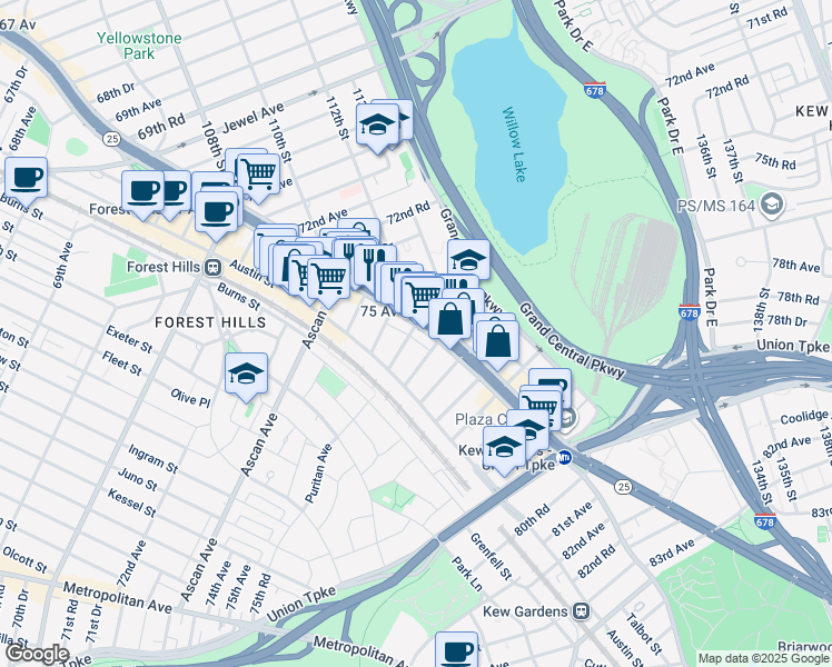 map of restaurants, bars, coffee shops, grocery stores, and more near 11204 New York 25 Service in Queens