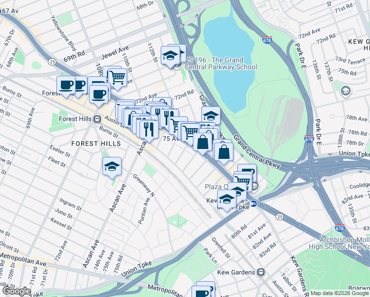 map of restaurants, bars, coffee shops, grocery stores, and more near 11204 New York 25 Service in Queens