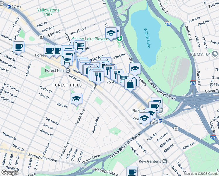 map of restaurants, bars, coffee shops, grocery stores, and more near 76-44 Austin Street in Queens