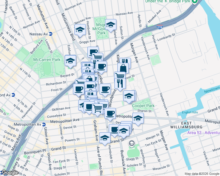 map of restaurants, bars, coffee shops, grocery stores, and more near 222 Withers Street in Brooklyn