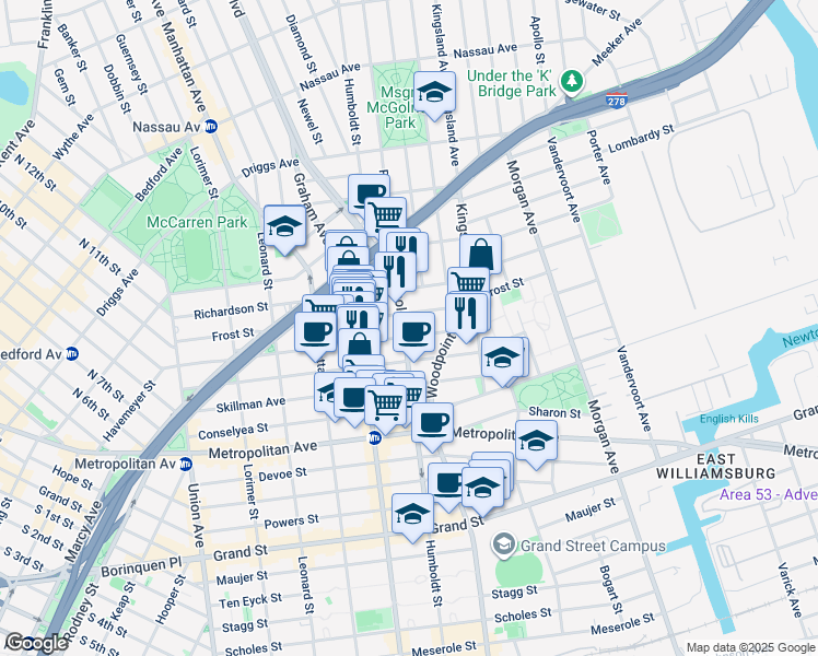 map of restaurants, bars, coffee shops, grocery stores, and more near 222 Withers Street in Brooklyn