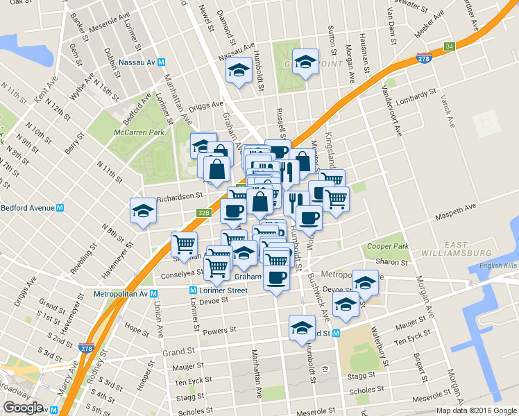 map of restaurants, bars, coffee shops, grocery stores, and more near 159 Withers Street in Brooklyn