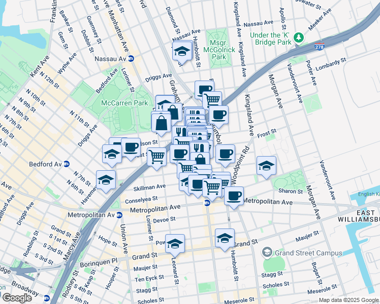 map of restaurants, bars, coffee shops, grocery stores, and more near 159 Withers Street in Brooklyn