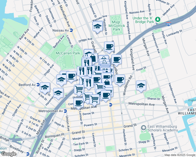 map of restaurants, bars, coffee shops, grocery stores, and more near in Brooklyn