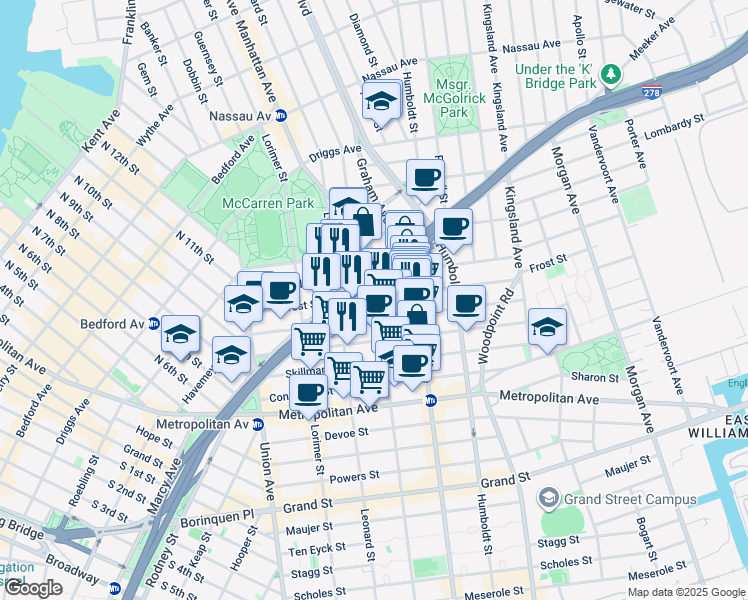 map of restaurants, bars, coffee shops, grocery stores, and more near 104 Frost Street in Brooklyn