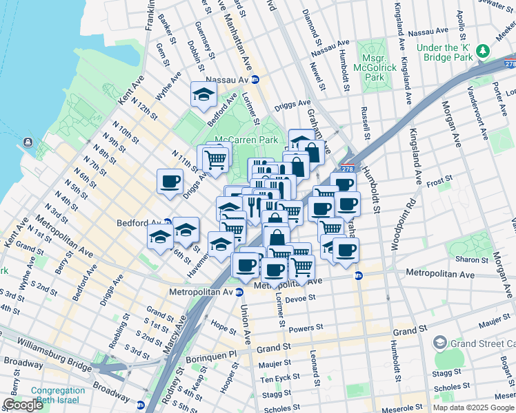 map of restaurants, bars, coffee shops, grocery stores, and more near in Brooklyn