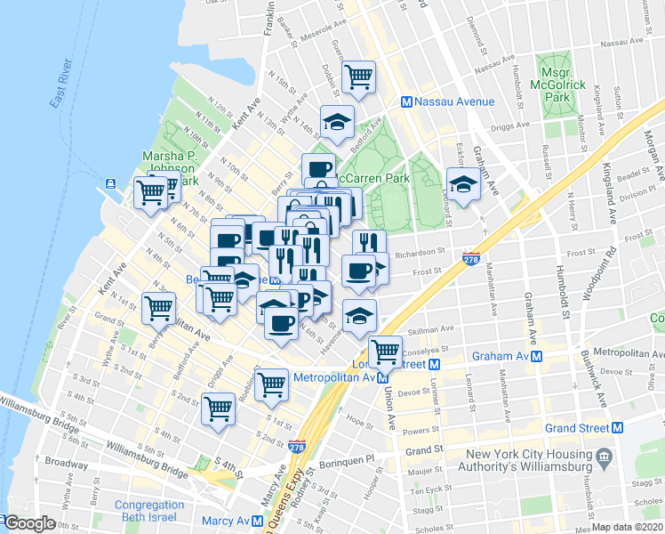 map of restaurants, bars, coffee shops, grocery stores, and more near in Brooklyn