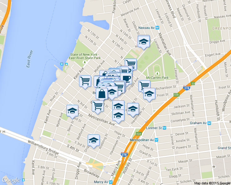 map of restaurants, bars, coffee shops, grocery stores, and more near 184 Bedford Avenue in Brooklyn