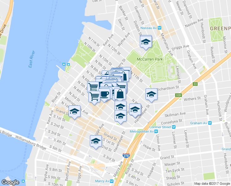 map of restaurants, bars, coffee shops, grocery stores, and more near 155 North 7th Street in Brooklyn