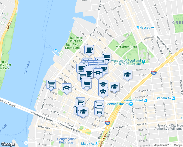 map of restaurants, bars, coffee shops, grocery stores, and more near 198 Bedford Avenue in Brooklyn