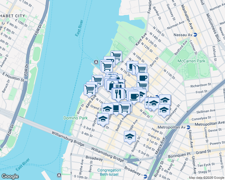 map of restaurants, bars, coffee shops, grocery stores, and more near 76 North 4th Street in Brooklyn