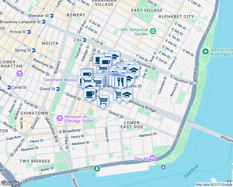 map of restaurants, bars, coffee shops, grocery stores, and more near 145 Clinton Street in New York
