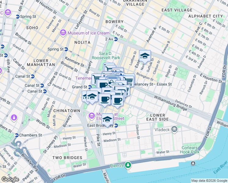 map of restaurants, bars, coffee shops, grocery stores, and more near in New York
