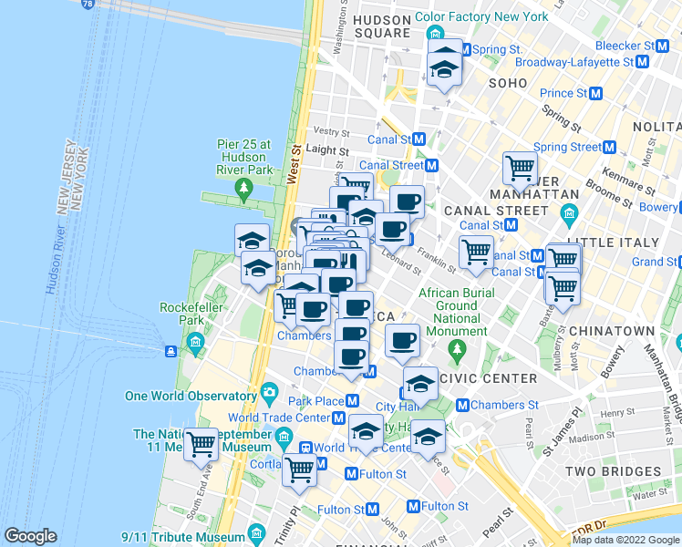 map of restaurants, bars, coffee shops, grocery stores, and more near 165 Duane Street in New York