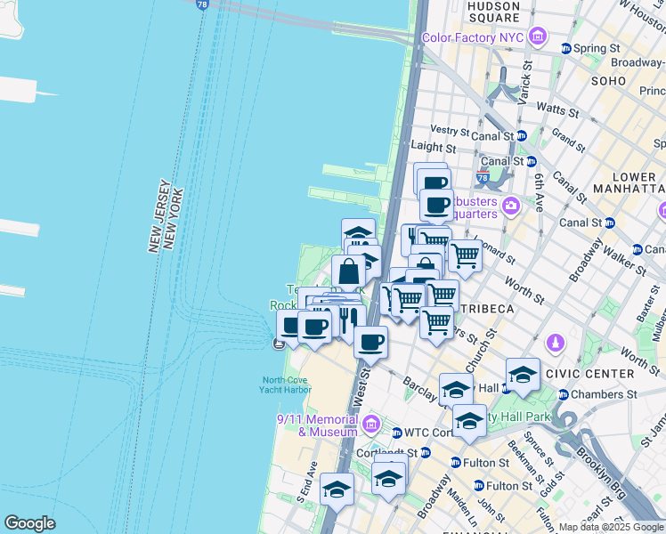 map of restaurants, bars, coffee shops, grocery stores, and more near 400 Chambers Street in New York