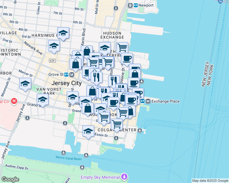 map of restaurants, bars, coffee shops, grocery stores, and more near in Jersey City