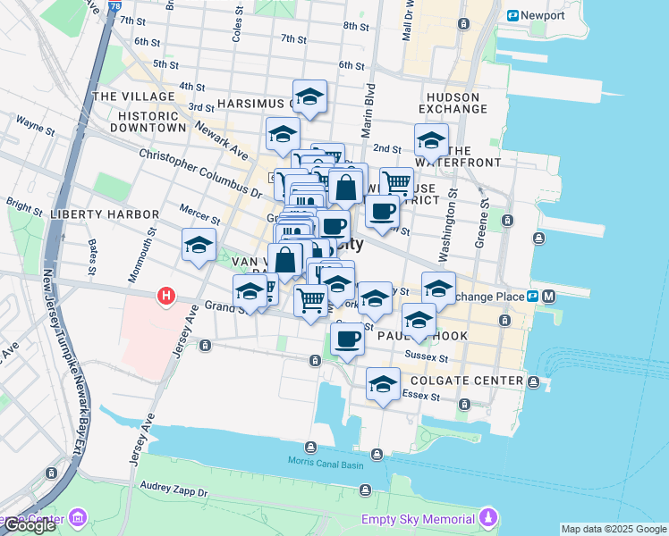 map of restaurants, bars, coffee shops, grocery stores, and more near 2 Mercer Street in Jersey City