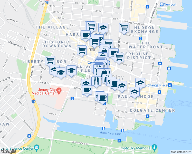 map of restaurants, bars, coffee shops, grocery stores, and more near 215 Montgomery Street in Jersey City