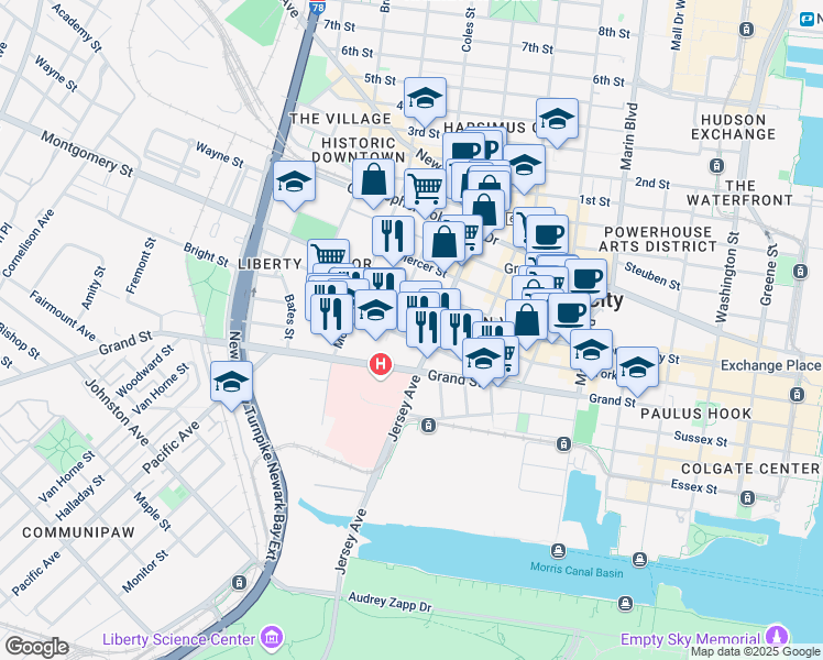 map of restaurants, bars, coffee shops, grocery stores, and more near 441 Jersey Avenue in Jersey City