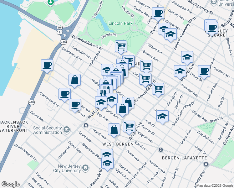 map of restaurants, bars, coffee shops, grocery stores, and more near 7a Boyd Court in Jersey City