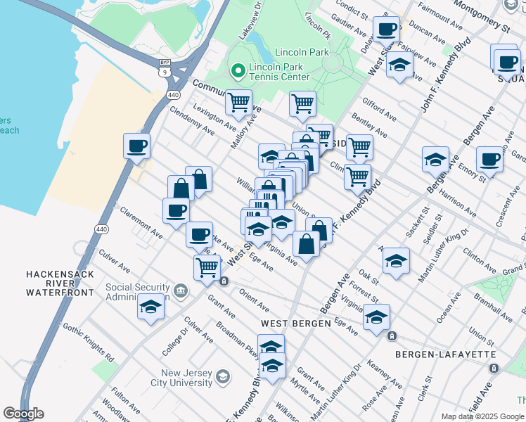 map of restaurants, bars, coffee shops, grocery stores, and more near 475 West Side Avenue in Jersey City