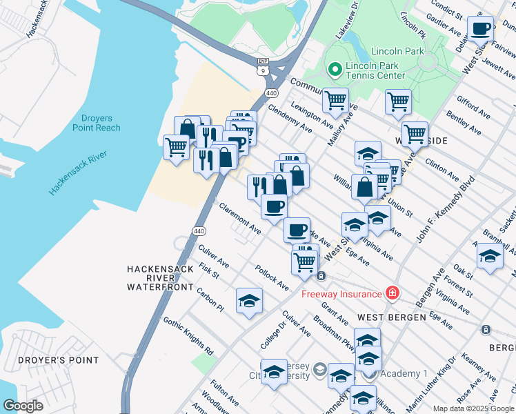 map of restaurants, bars, coffee shops, grocery stores, and more near 96 Yale Avenue in Jersey City
