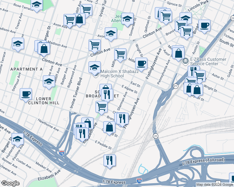 map of restaurants, bars, coffee shops, grocery stores, and more near 7 Stanton Street in Newark
