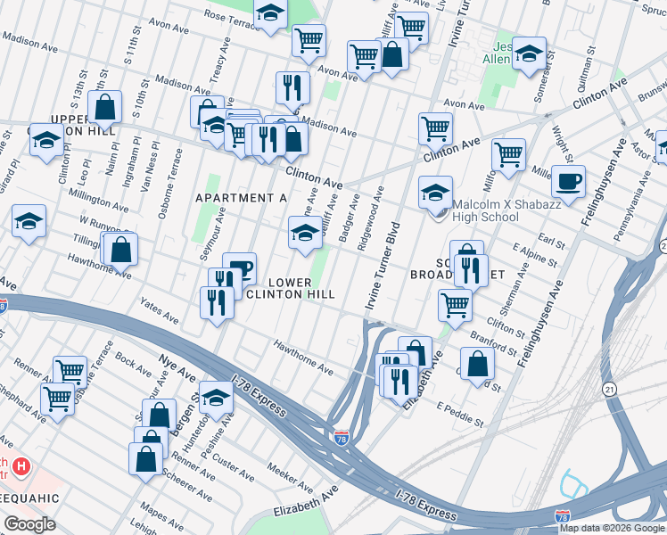 map of restaurants, bars, coffee shops, grocery stores, and more near 266 Badger Avenue in Newark