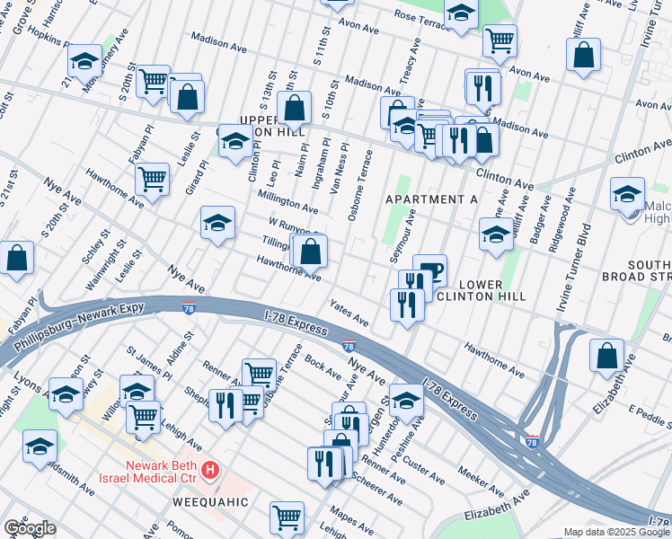 map of restaurants, bars, coffee shops, grocery stores, and more near 147 Osborne Terrace in Newark