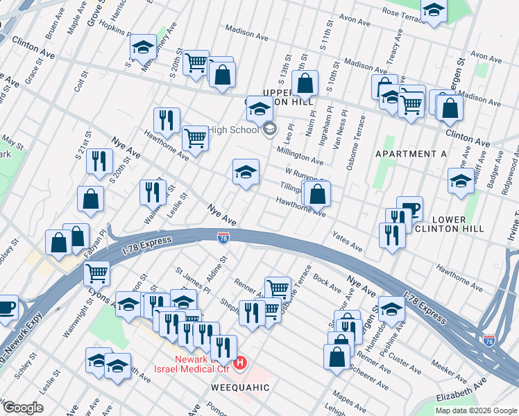map of restaurants, bars, coffee shops, grocery stores, and more near 24 Patten Place in Newark
