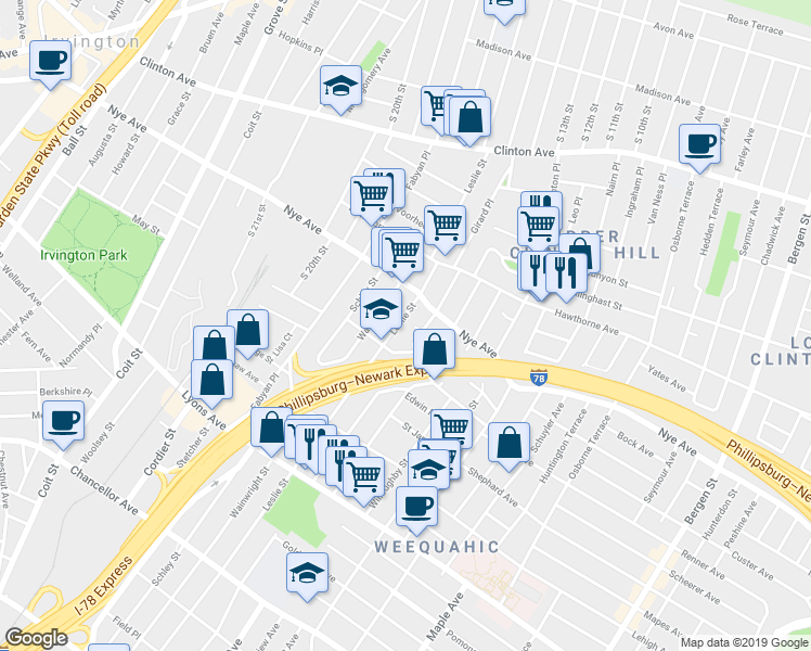 map of restaurants, bars, coffee shops, grocery stores, and more near 44 Hobson Street in Newark