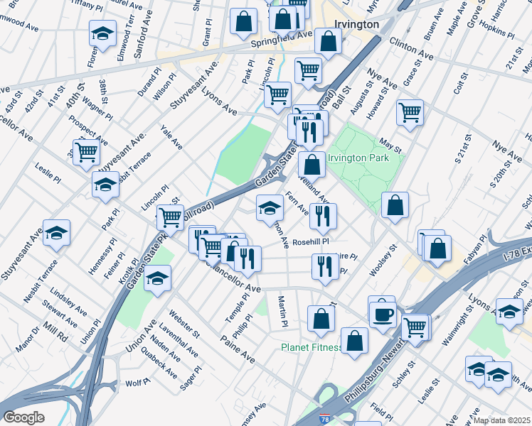 map of restaurants, bars, coffee shops, grocery stores, and more near 57 Medbourne Avenue in Irvington